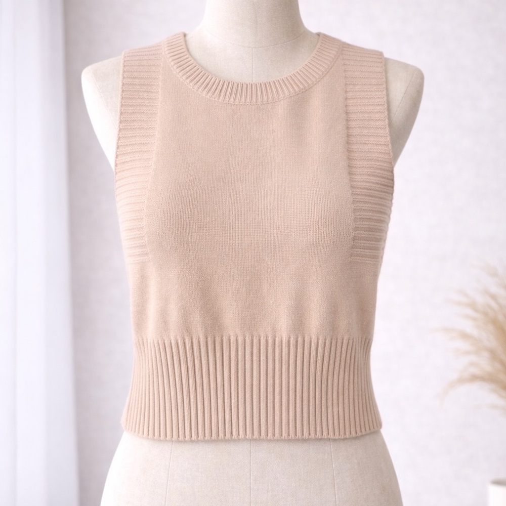 Ribbed Knit Sleeveless Crop Tank - Beige